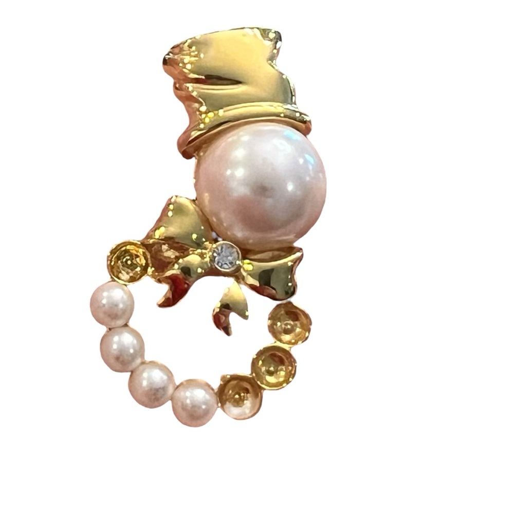 Vintage Signed Marvela Holiday Faux Pearl Snowman Brooch Top Hat‎ Rhinestone